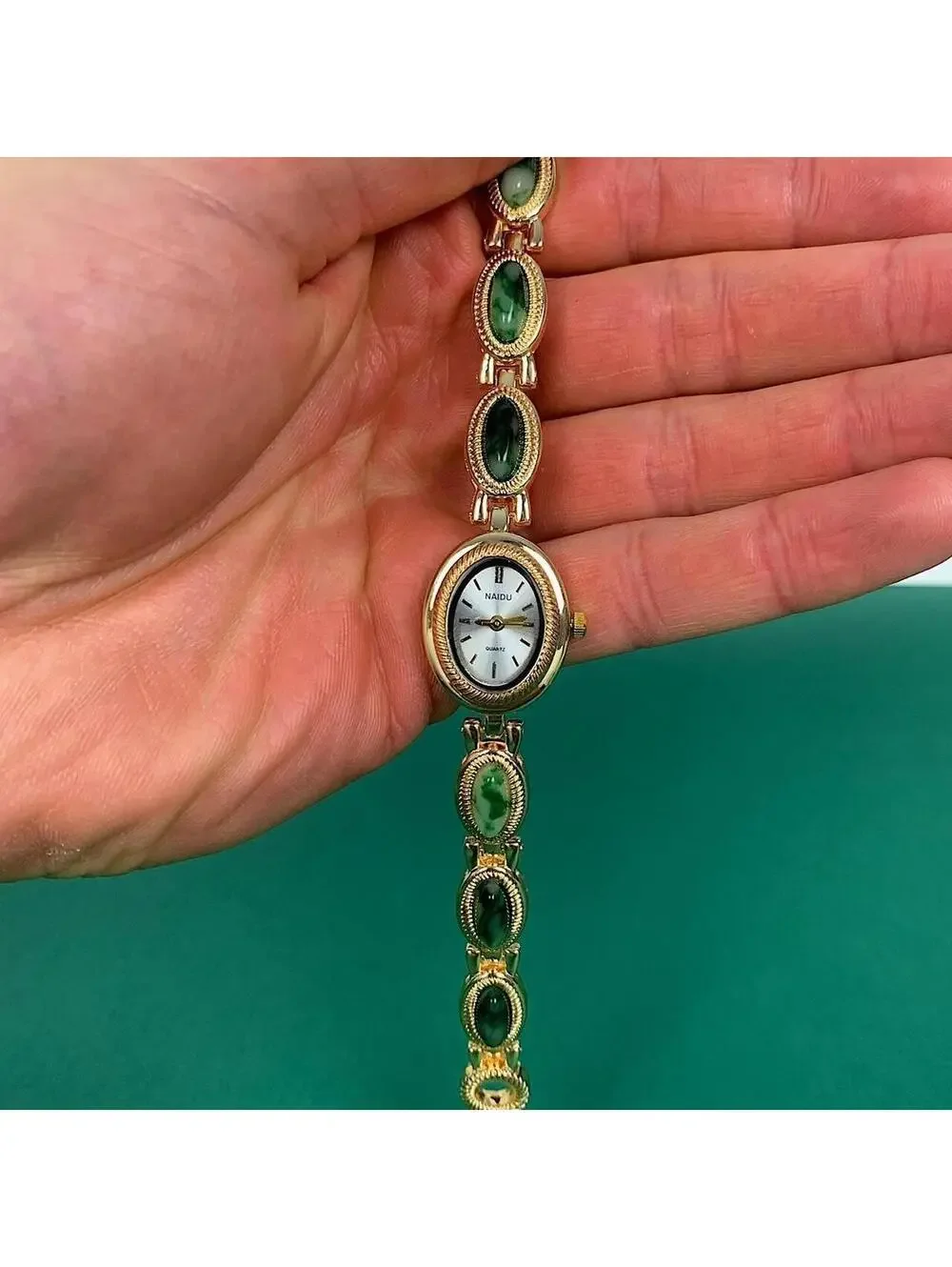 Y2k style Dainty cute Gold style tone quartz watch with green jade stone opal ac